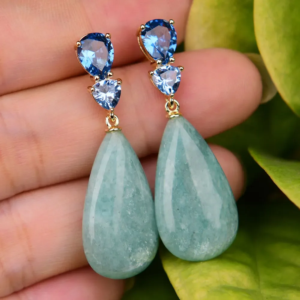 

Natural Green Amazonite Gems Blue Crystal Paved Dangle Stud Earrings For Lady