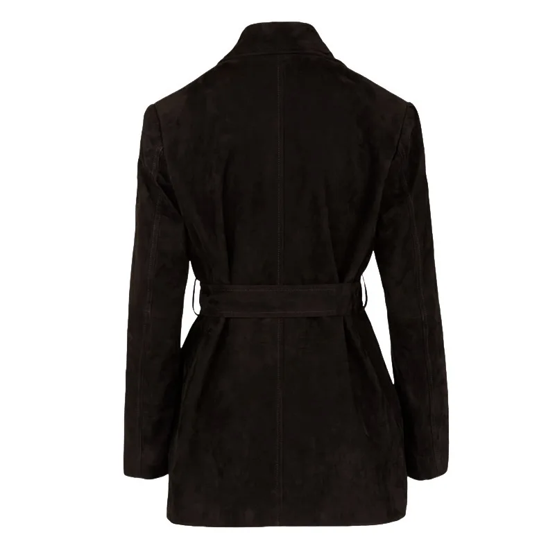 100% 염소가죽 블레이저 코트 여성용 2025 가을 겨울 레트로 커피 스웨이드 키드 가죽 영국 스타일 더블 브레스티드 웨이스트드 재킷