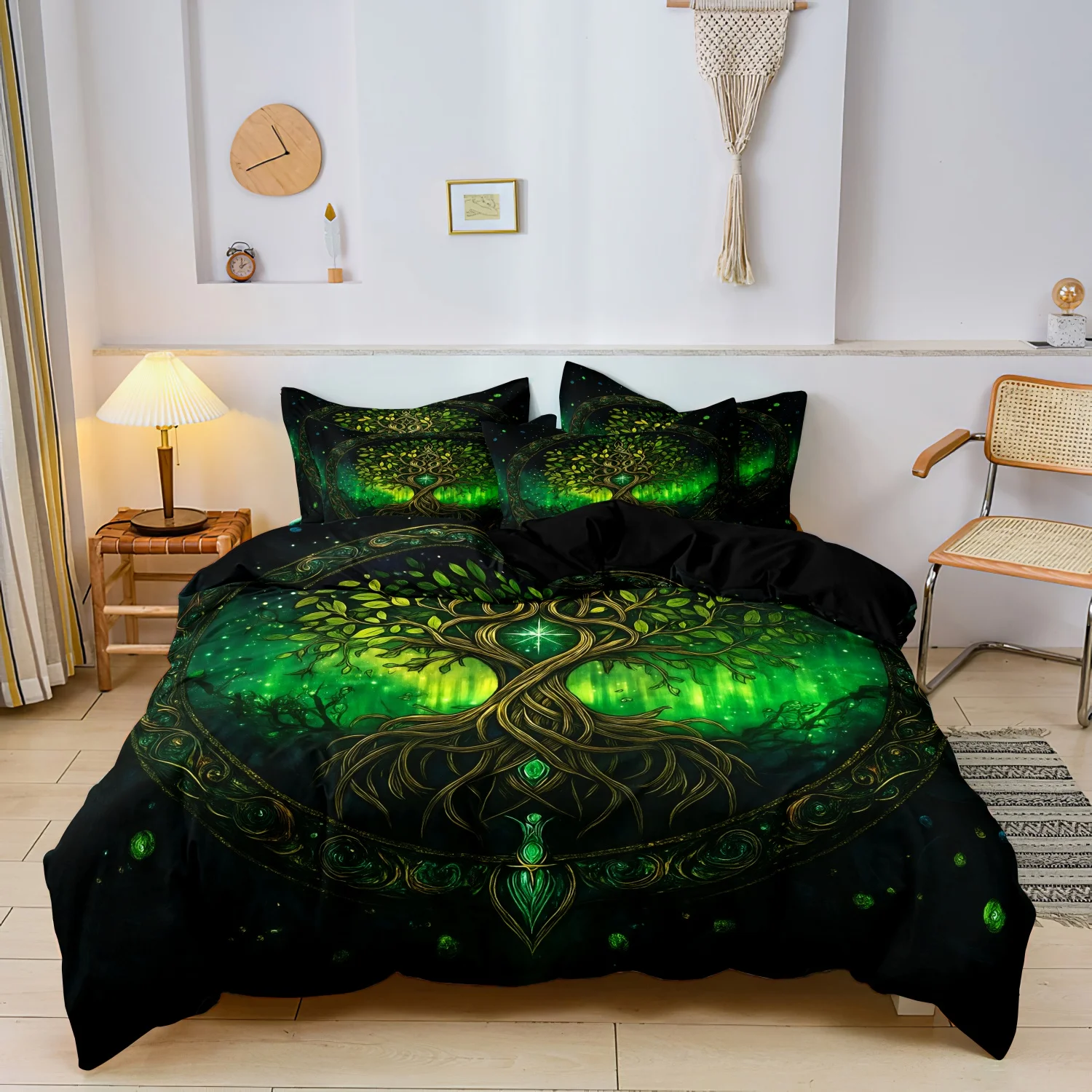 3Pieces Dark Black Green Tree of Life Print Duvet Cover Bedding Set, Delicate Mandala Sacred Forest Root Art Print Bedding Cover
