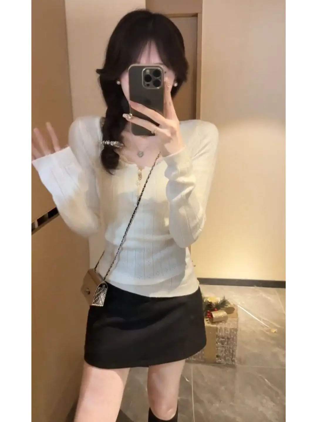 

Korean Design Lace Trim Knitted Sweater Women's Slim Fit Inner Wear Spring Season Breathable Soft Long Sve round Ne Top