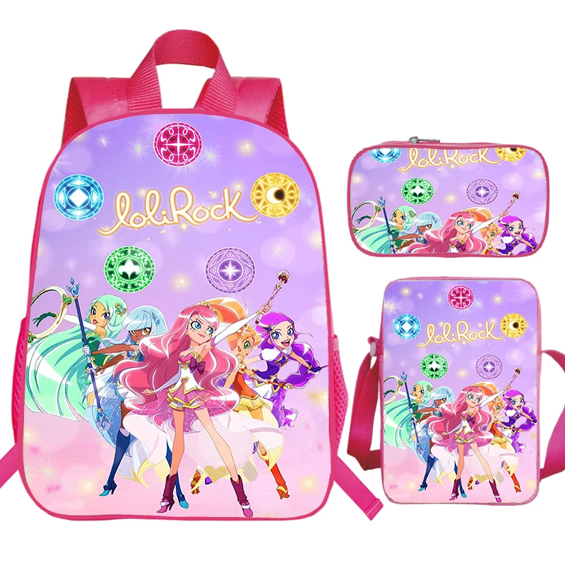 Cartoon LoliRock Print Backpack, Shoulder Bag, Lápis Case, Girls Cute Pink Schoolbag, grande capacidade, Children Boolbag, 3Pcs Set