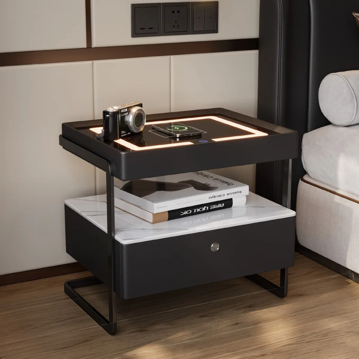 *Wood Nightstand Solid Wireless Charging   Smart