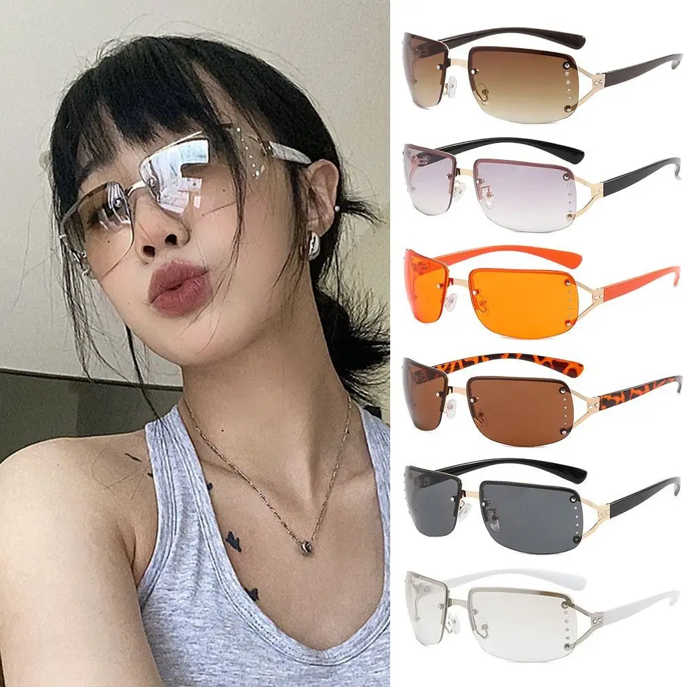 

Trendy Plastic Rimless Sun Glasses UV 400 Protective Shades Glasses Motorcycle Frameless Sunglasses Women Futuristic Eyewear