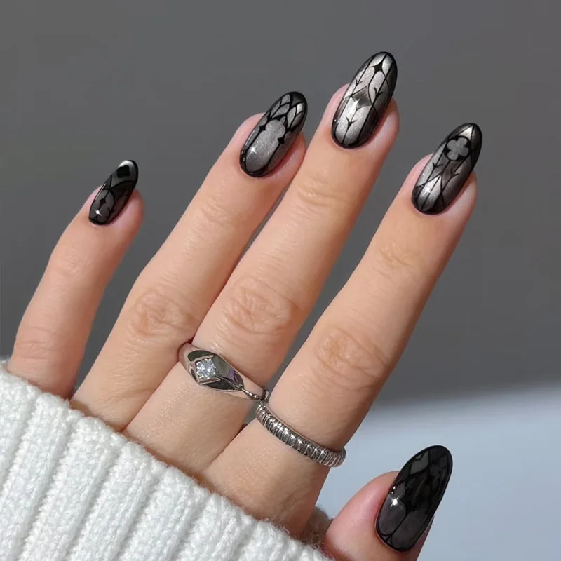 

24Pcs Fake Nails Mechanical Nail Black-Silver Gothic Floral Design with Sweet & Edgy Style Press-On Nail Tips Perfect for Girls