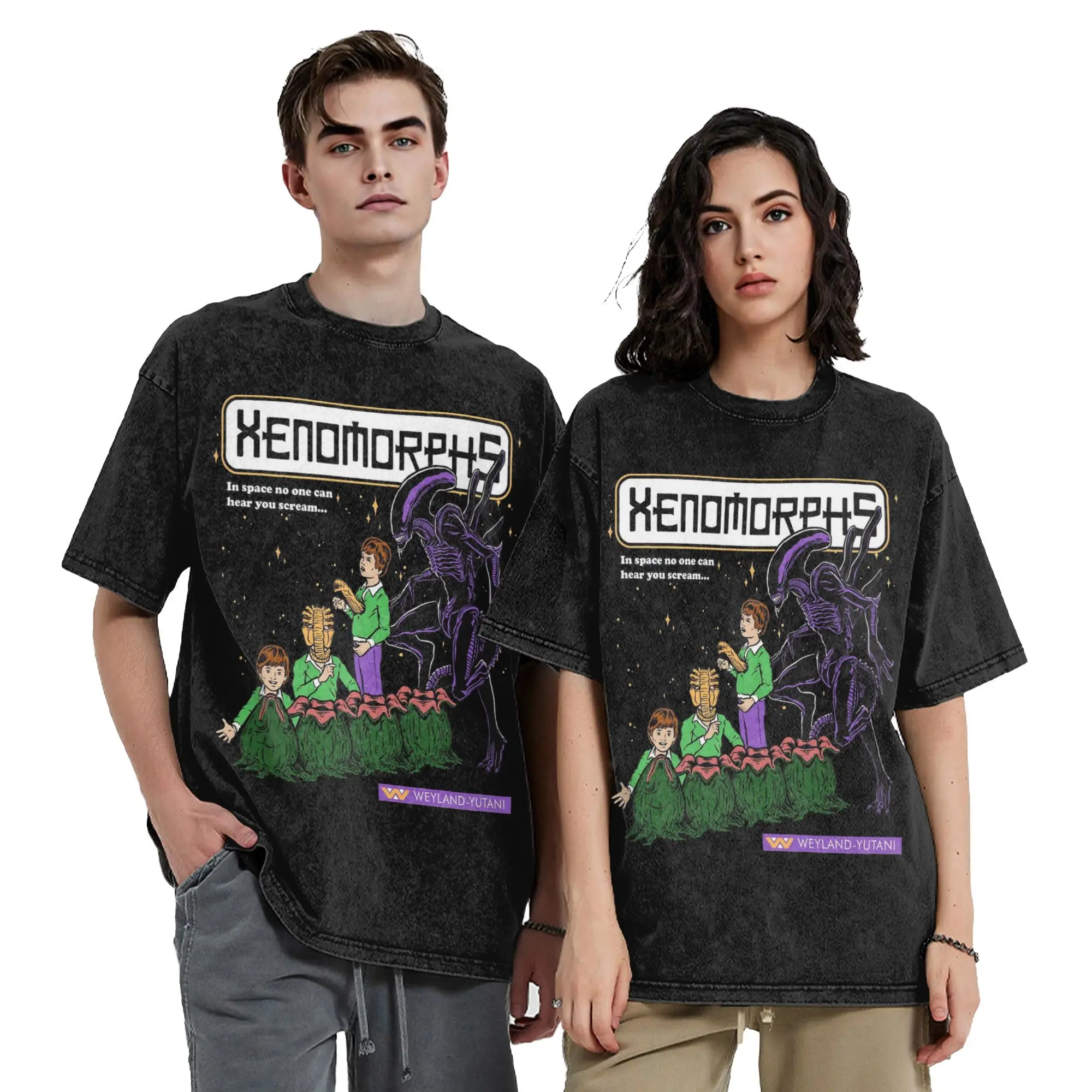 Xenomorphs Book Alien Movie T Shirts Hip Hop Washed 100% Cotton Street T-Shirts Men Women Tops Streetwear Summer Tee Shirt