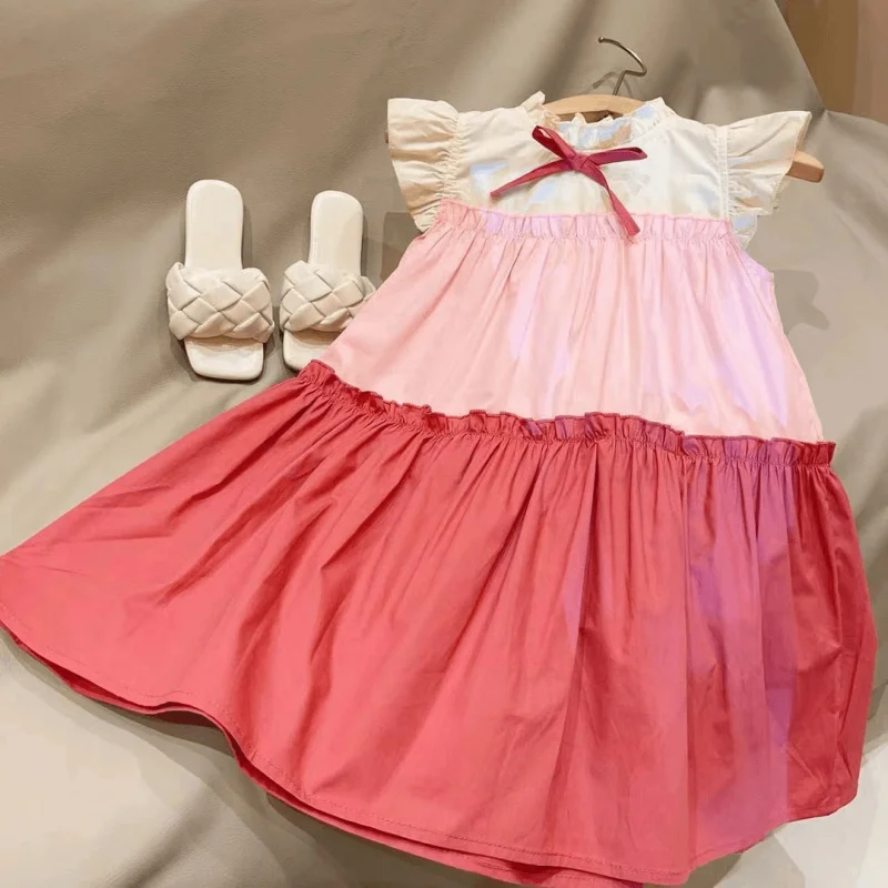 

New Girls Summer Spaghetti Straps Sleeveless Dress2024Summer New Stitching Children Western Style Leisure Skirt