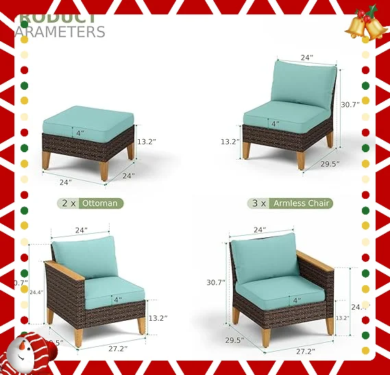 7 buah Set furnitur teras anyaman ekstra besar, 2 x Sofa tanpa lengan, 2 x Ottoman, Sofa 3 tempat duduk, Sofa serbaguna