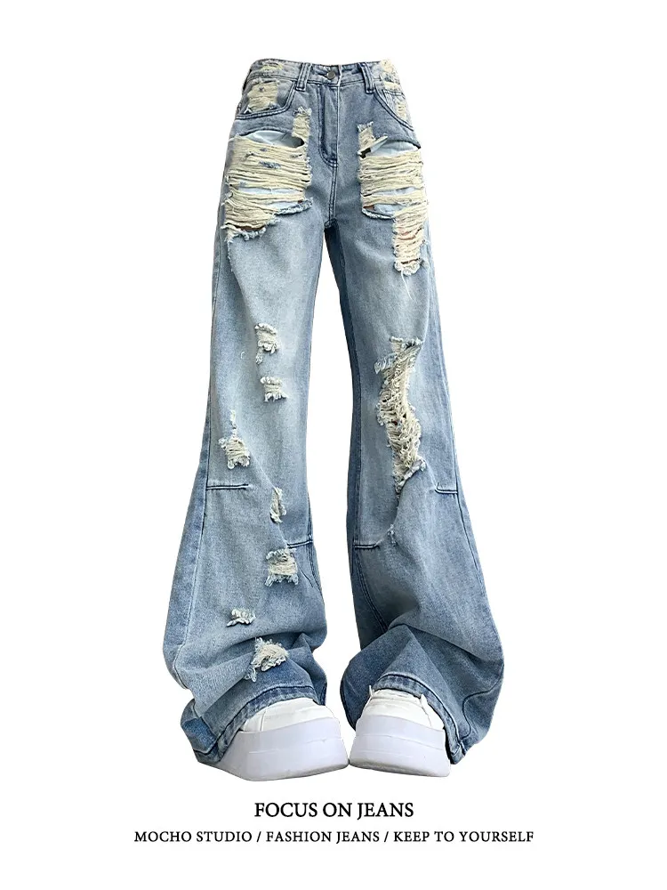 Calça Jeans Retrô Americana Estilo Spicy Girl com Rasgos, Unissex, Primavera Verão, Estilo High Street, Reta, Solta, Modelado...