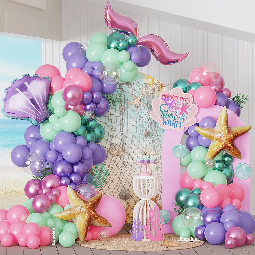 123Pcs Purple Pink Green Mermaid Tail Balloons Arch Kit Starfish Foil Balloon Sea You Soon Baby Shower Under The Sea Party Decor