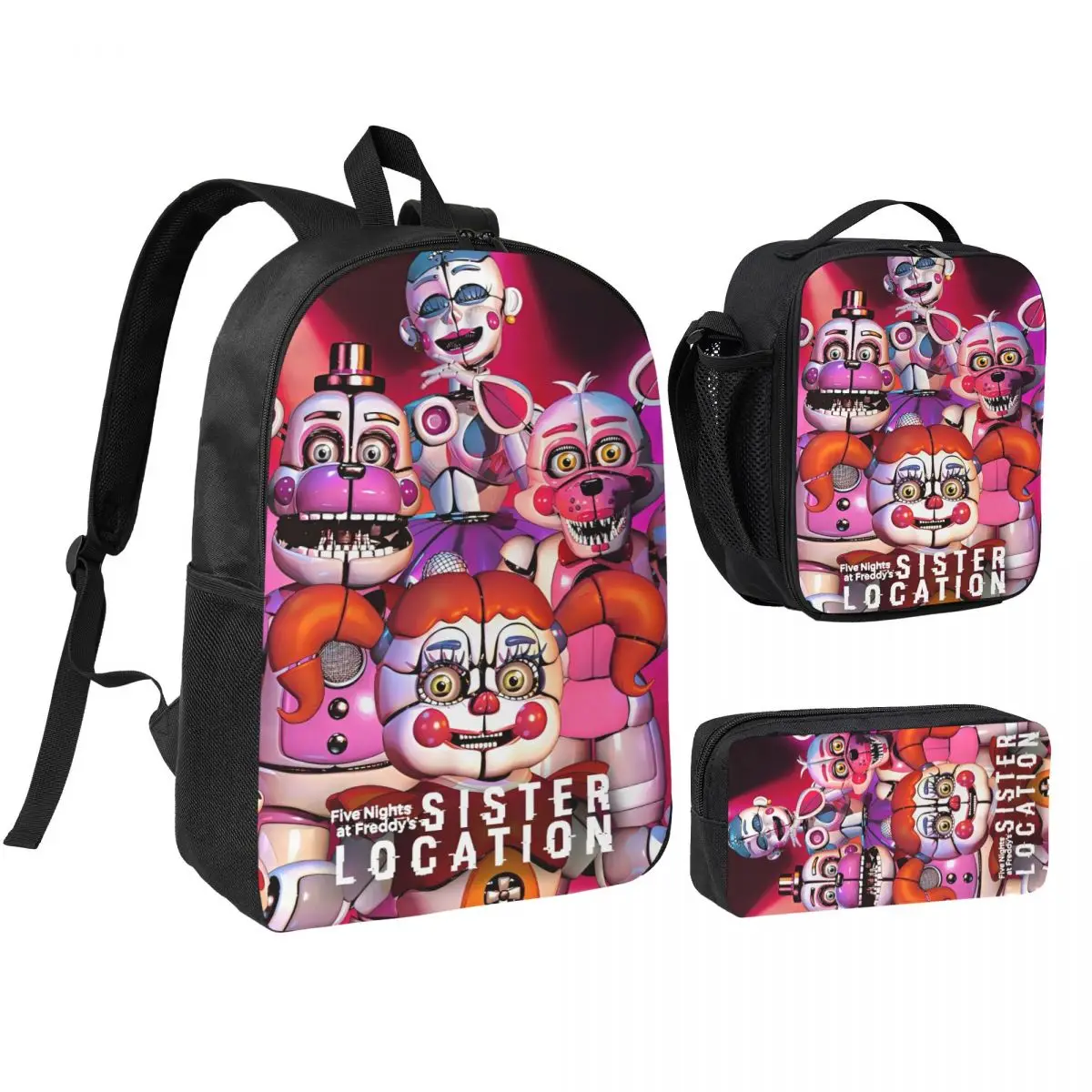 Game Sister Location FNAF 3pecs/set Backpack for Teenage High School Daypack Lunch bag Pencil Case