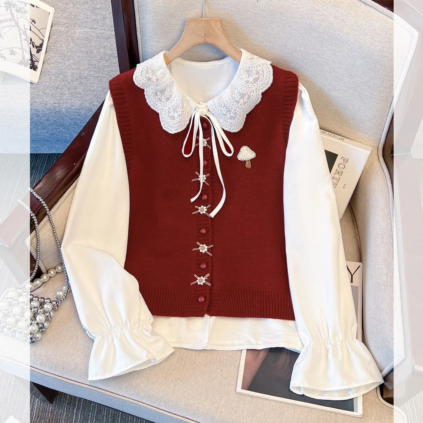 

Красный вязаный жилет-топ женский, весна 2026, модный комплект с воротником «Питер Пэн», повседневный спортивный костюм, качественный, для города