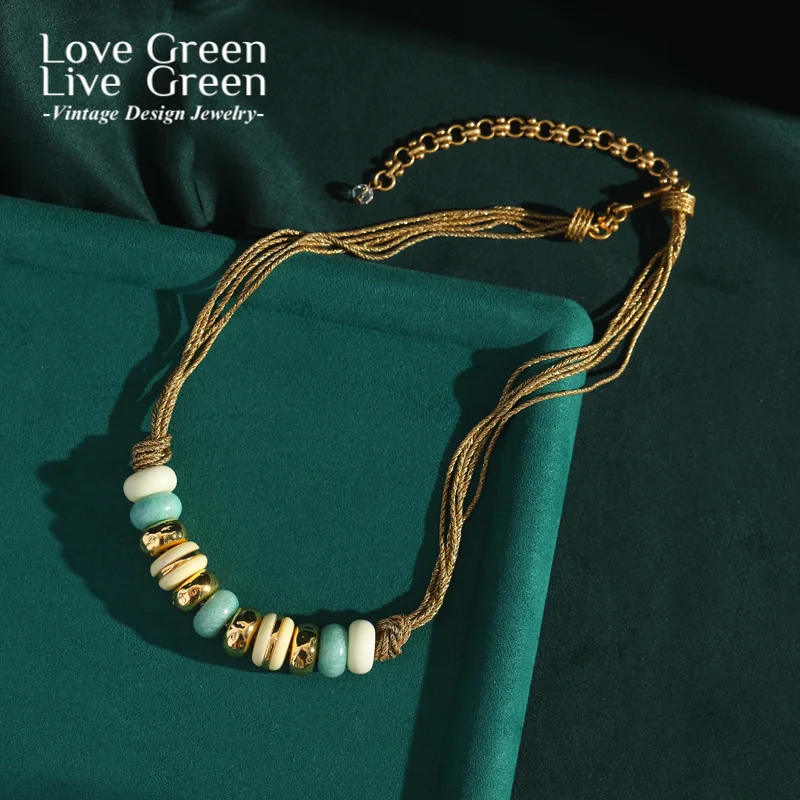 

Layered Gold Color Chain Collar Choker Necklaces Jade Opal Circle Natural Stone Vintage Bead Antique Jewelry Accessories Women