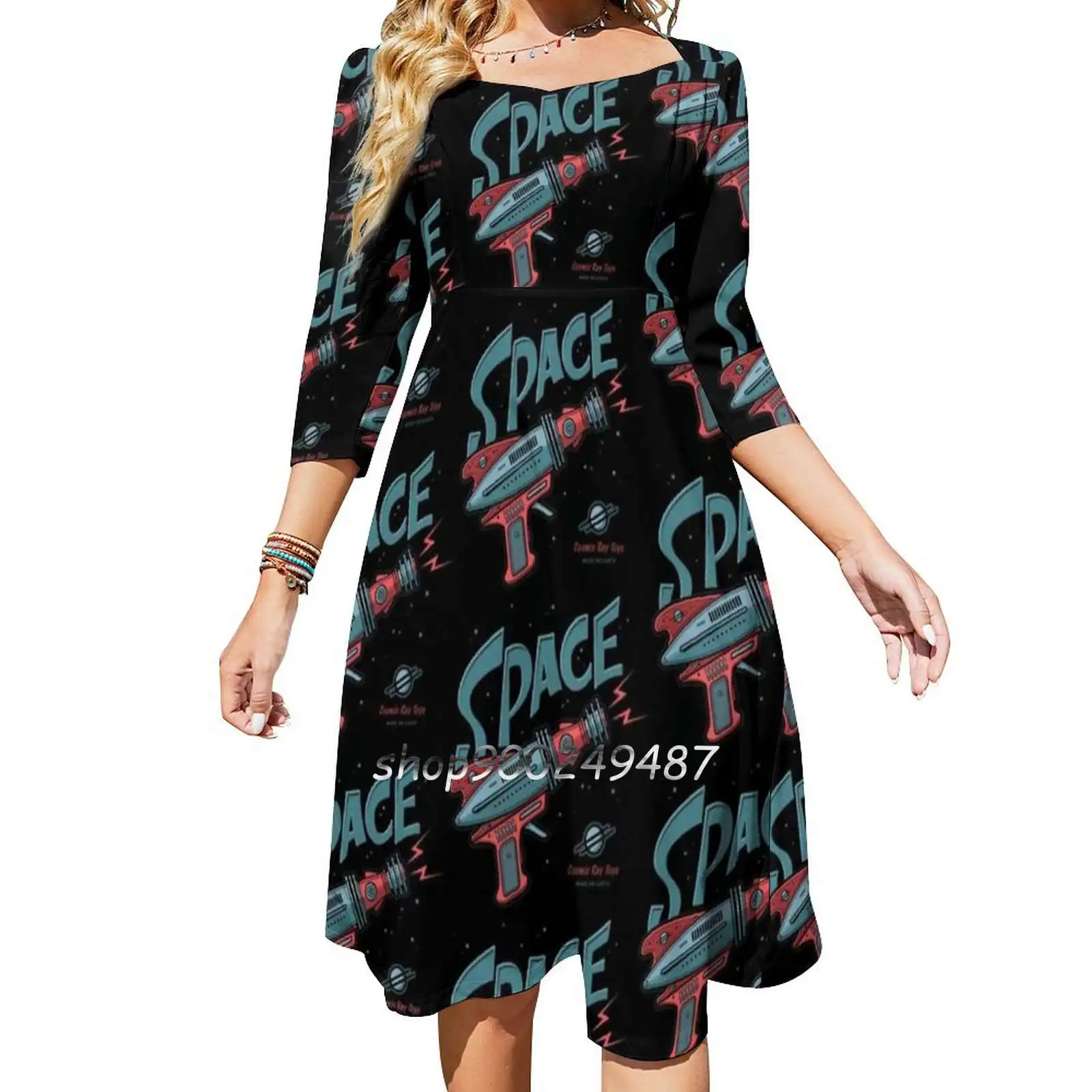 Defend The Earth Square Neck Dress Cute Loose Print Dresses Elegant Beach Party Dress Defend The Earth Defend Earth Space Toy