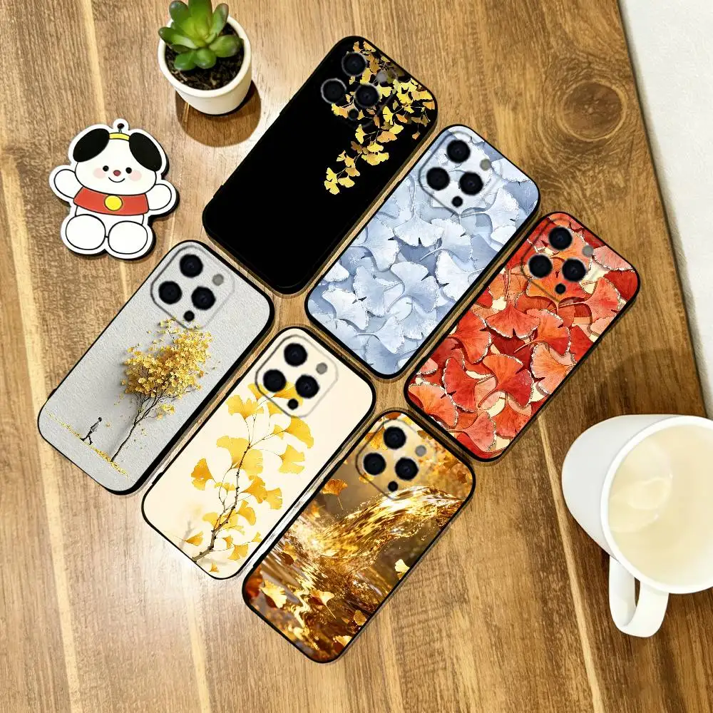 

Ginkgo Leaves Phone Case For iPhone 17, 16,15,14,13,12,11 Plus,Pro Max, Others Soft Silicone Black Cover
