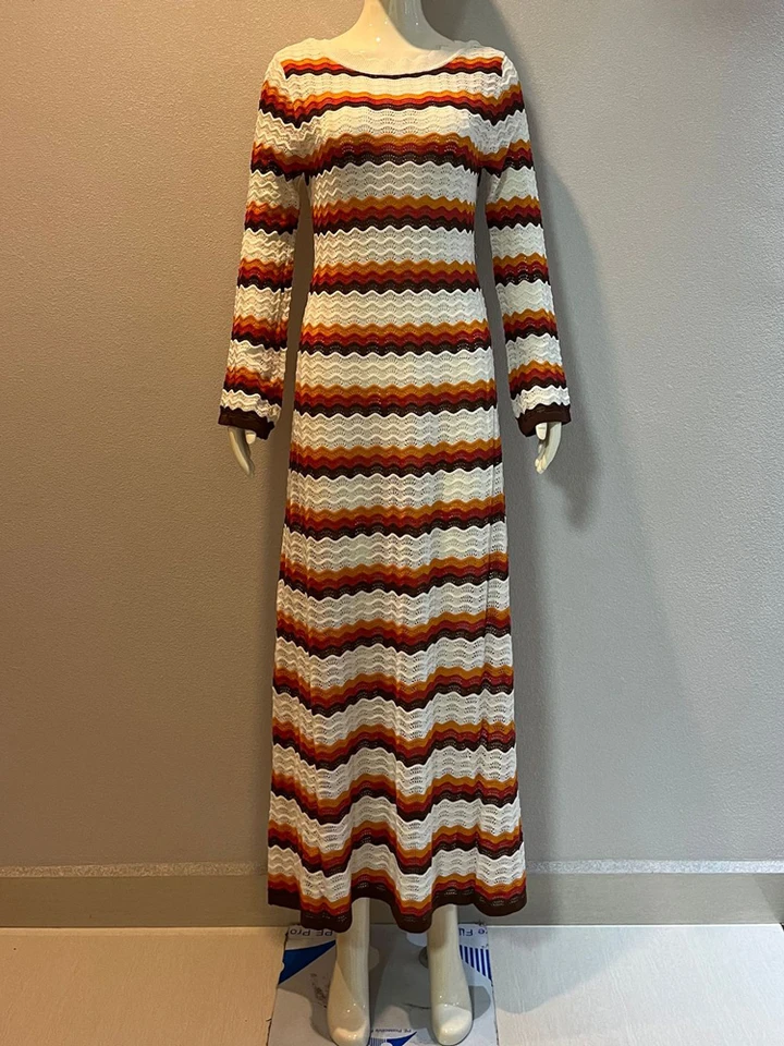 Tossy Striped Contrast Knit Maxi Dress Women Hollow Out Long Sleeve Cover  up Summer Loose Ladies Dress High Waist Fashion Dress - AliExpress 200000345