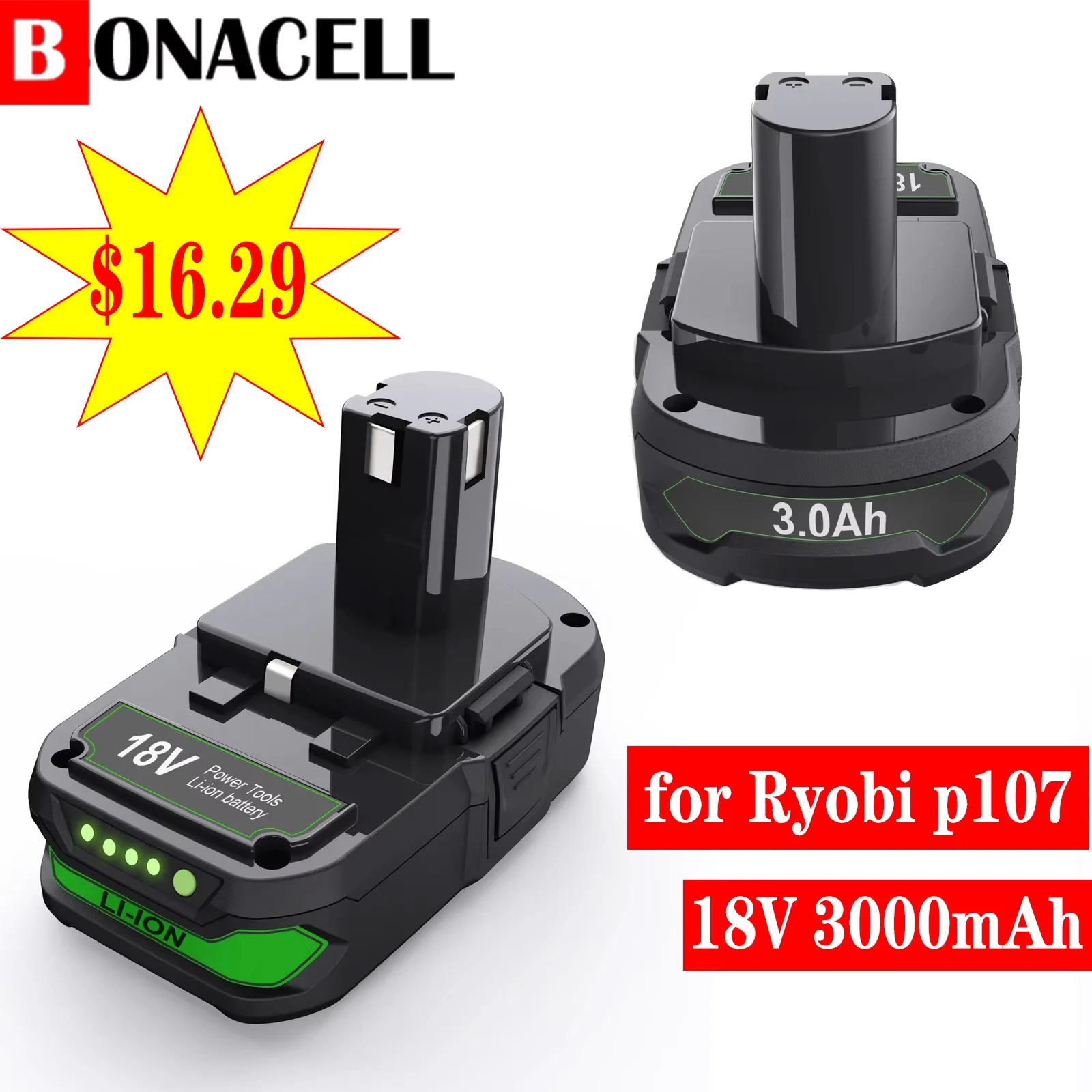 Batería Bonacell de 18V para Ryobi p107 p108 P104 P105 P102 P103, batería de repuesto para taladro inalámbrico Ryobi, 3000mAh, L50