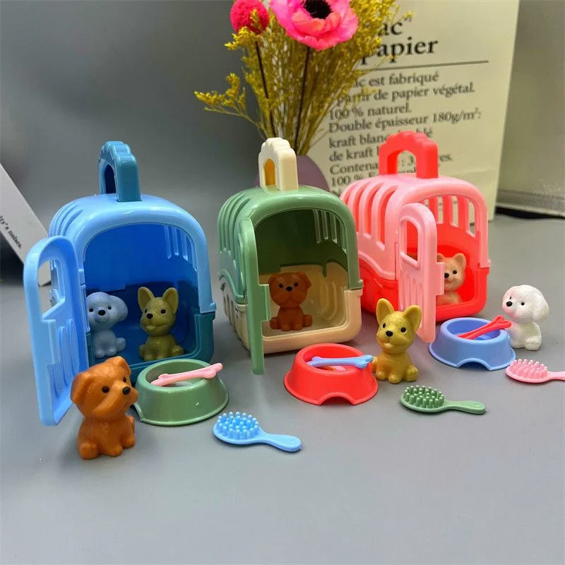 8pcs/set Cute Dog Pet Basket Family Toy Dog Doll Set Fashion Mini Pets Dog Cage Toys Pretend Play Scene Toy Christmas Decor Gift