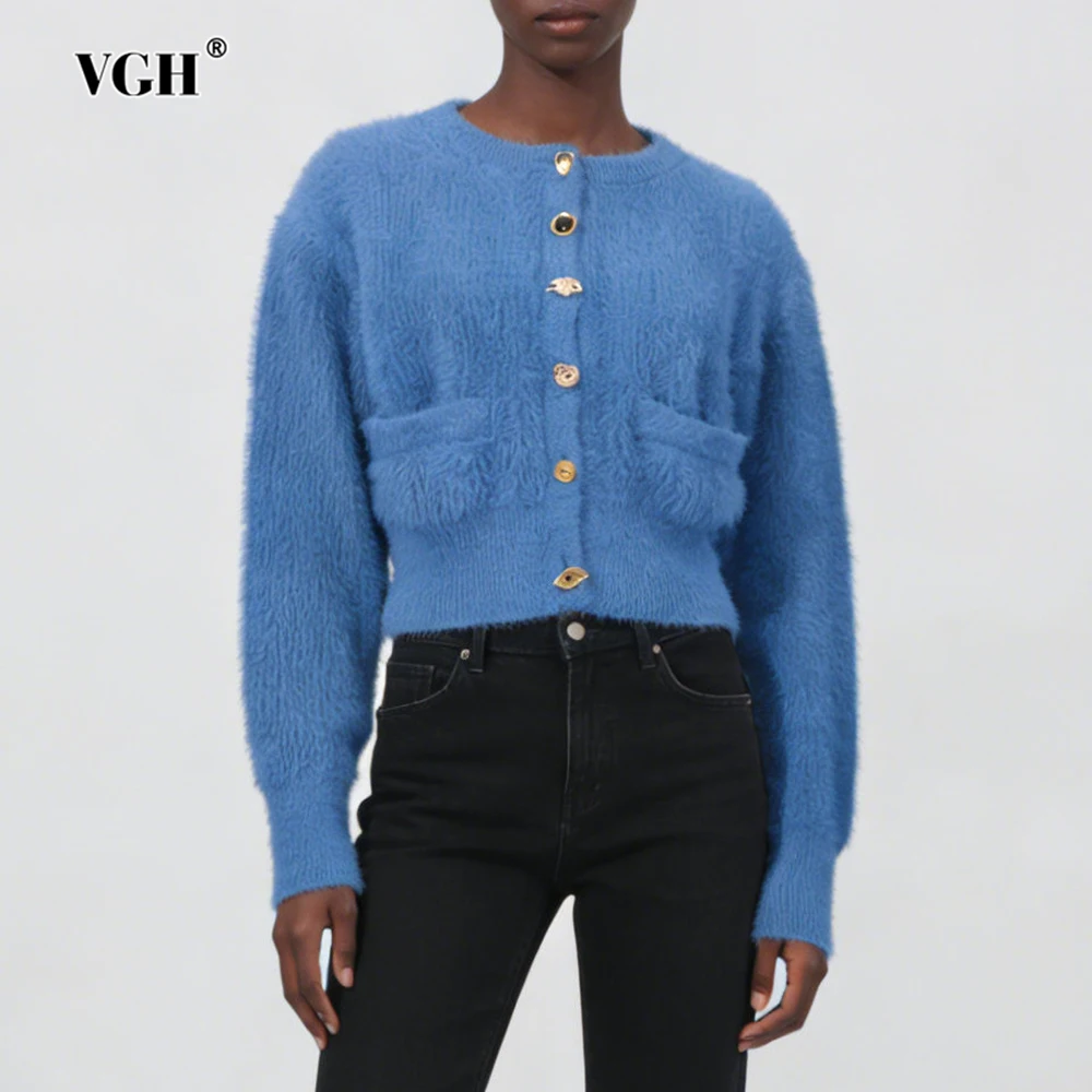 

Женские вязаные свитера VGH Solid Temperament с круглым вырезом, длинными рукавами, пуговицами и вставками, осенние, повседневные, приталенные, новые