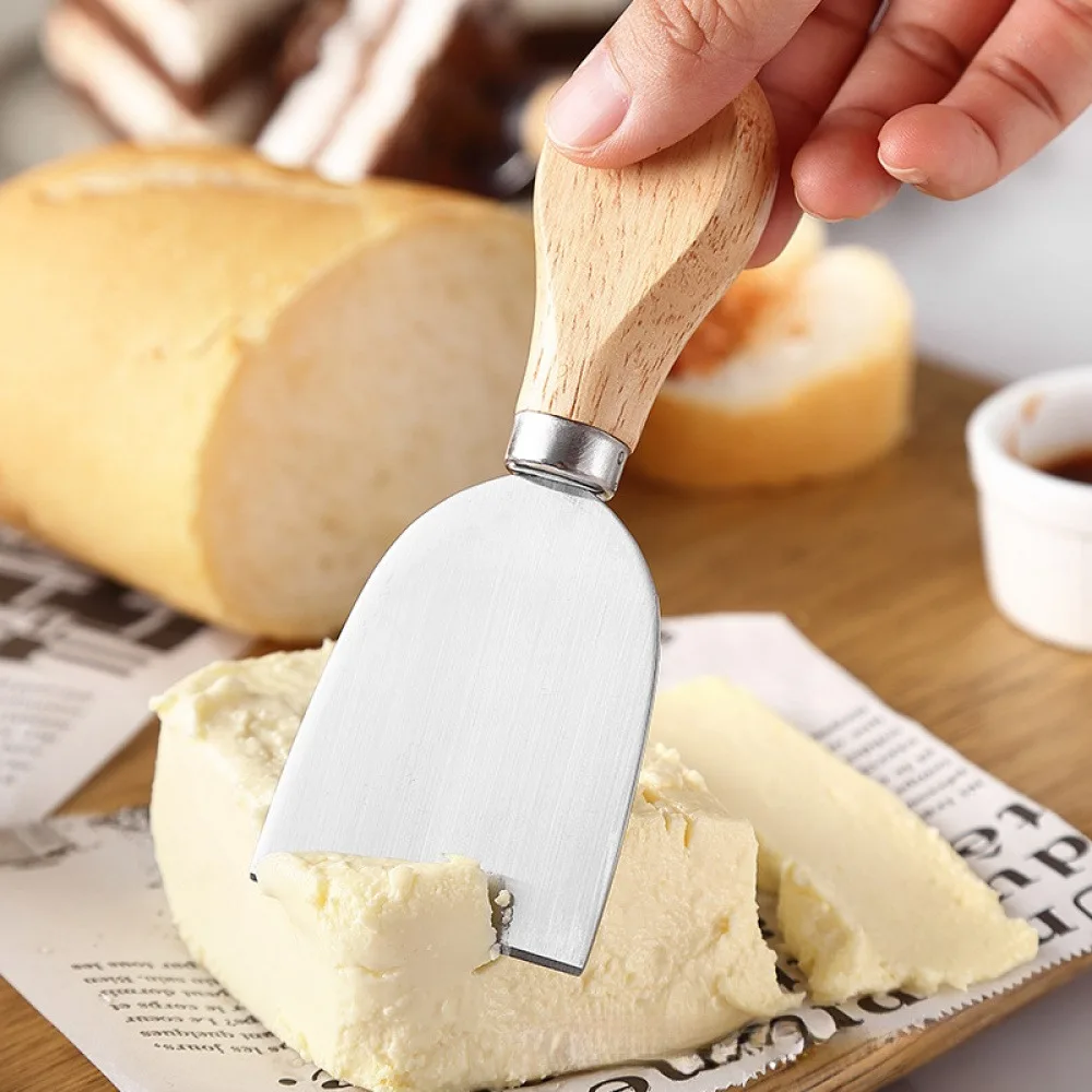 2Pcs Natural Wood Grip Stainless Steel Cheese Butter Shovel Multipurpose Food Scraper For Home Kitchen Bakery Sandwich Preparation