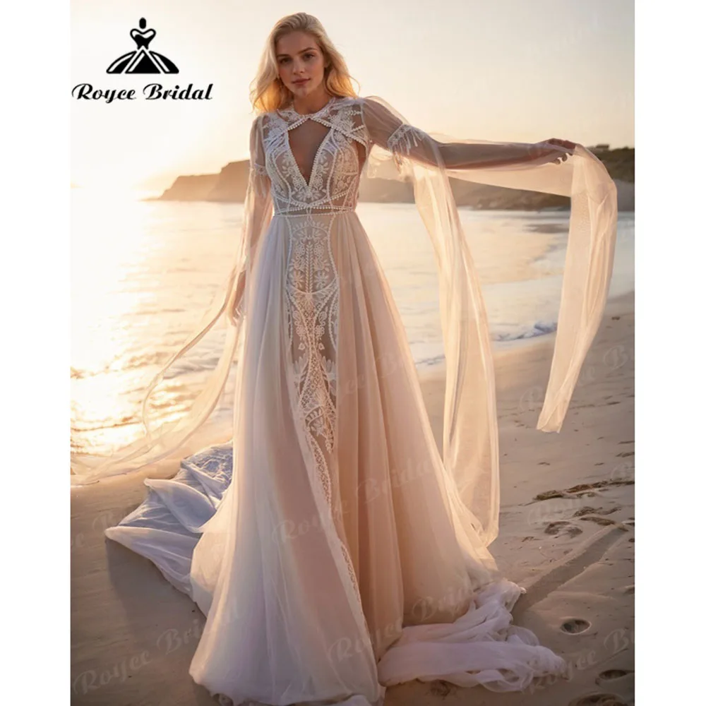 Hippie flowy renda boho boêmio sem costas vestido de casamento com capa 2025 vestido de noiva personalizado para mulher robe mariée bohème elopem