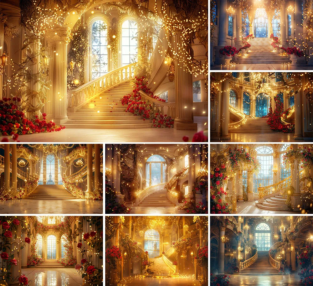 Mehofond Photography Background Luxurious Castle Palace Carpet Stairs Kids Birthday Wedding Portrait Decor Backdrop Photo Studio