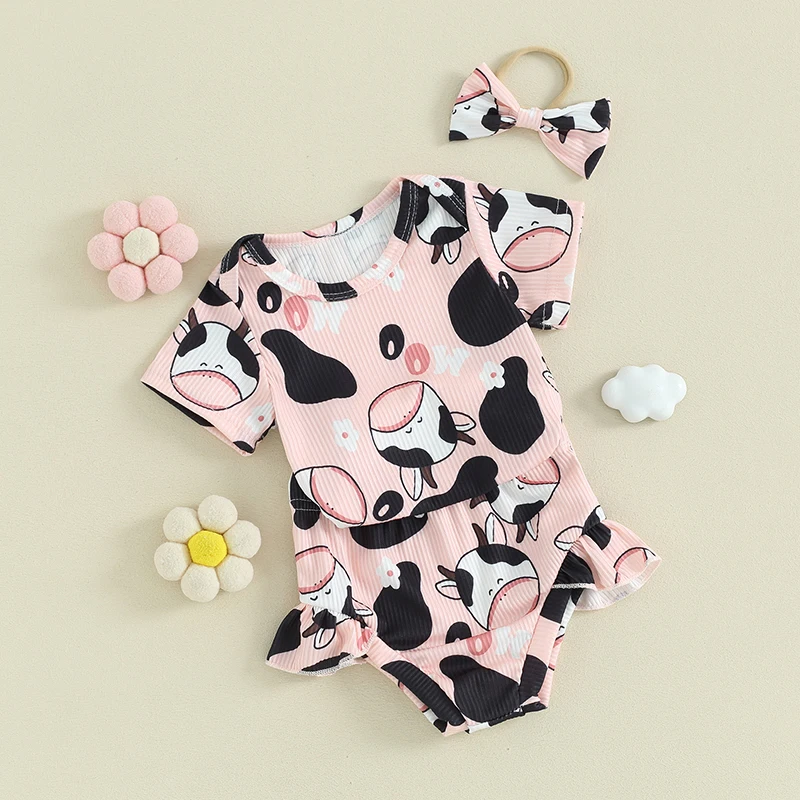 Baby Girl Clothes Cow Print Short Sleeve Knit Romper Bodysuit Shorts Headband Set Summer Outfit