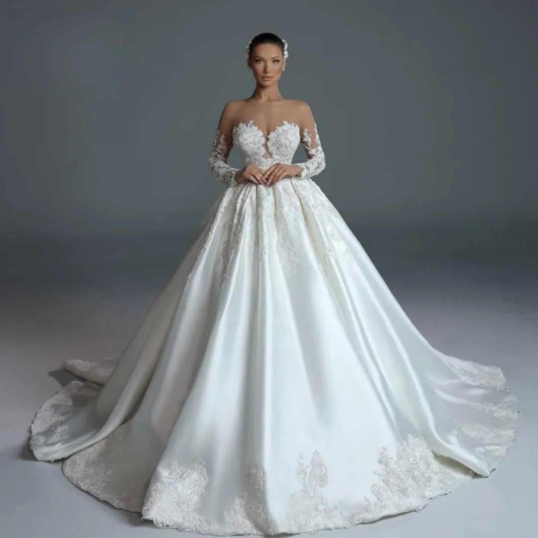 Customied  Elegant Wedding Dresses For Women O-Neck  Long Sleeve Ball Gown Lace Beaded Satin Made Bridal Gowns Vestido De Novia