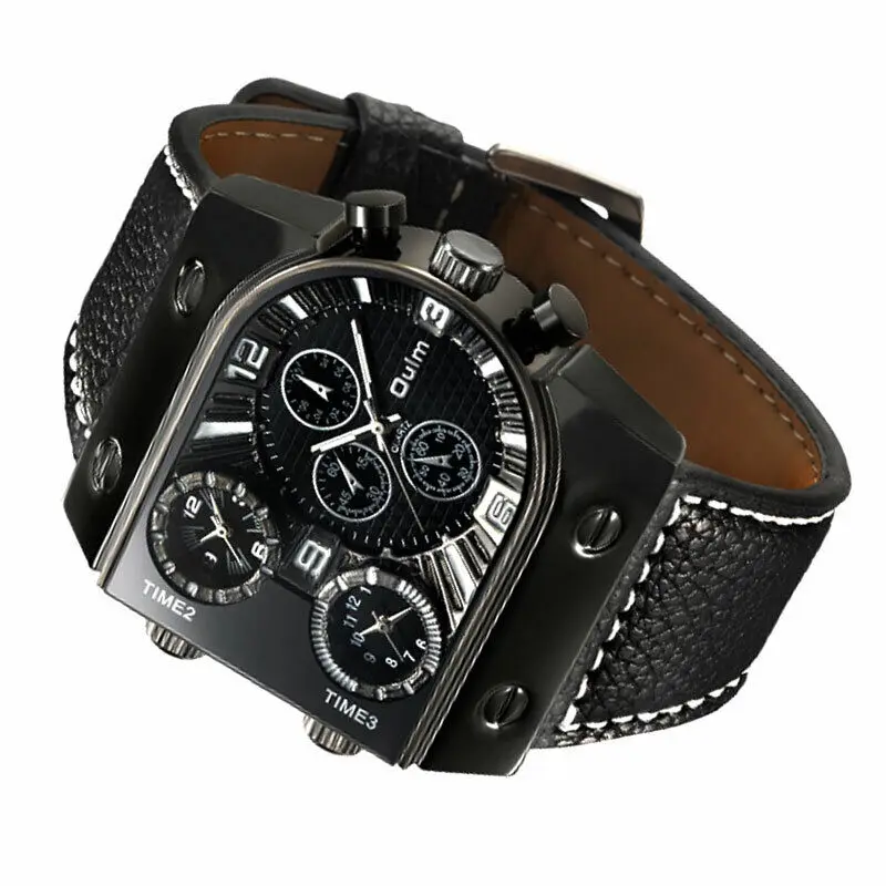 

Oulm 9315 Classic Casual Wristwatch Cool Black Three Time Zone Men Watches Gifts