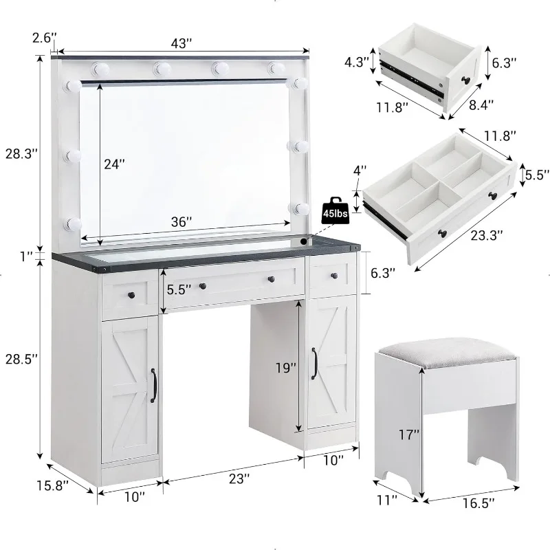 Farmhouse Vanity Desk with Makeup Mirror - Ample Storage Space with 3 Drawers & 2 Cabinets - Detachable Light Bulbs