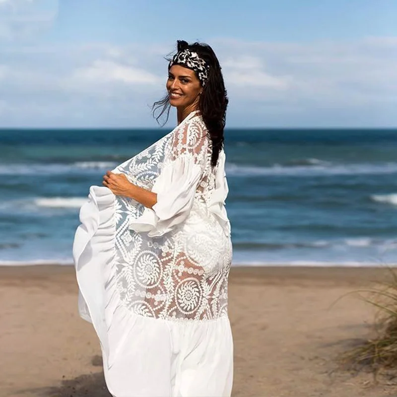 2025 Holiday Chiffon Lace Embroidery Beach Cover Up Sexy Cardigan Loose Casual Sun Protection Shirt Cover Up Cardigan