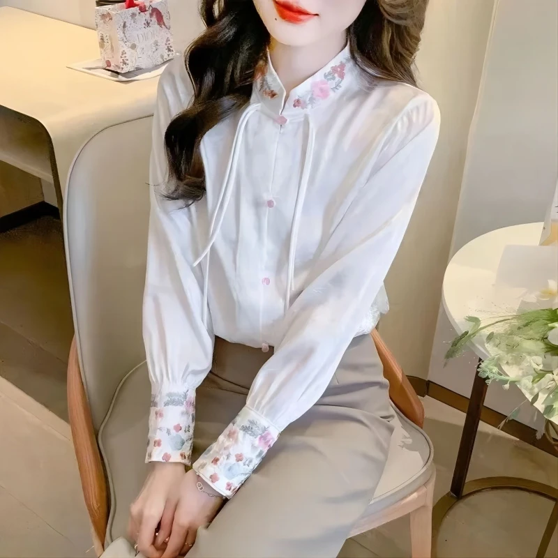 Spring Autumn New Fashion Stand Collar Long Sleeve Button Blouses Women\'s Clothing Chinese Style Embroidered Vintage Chic Shirts