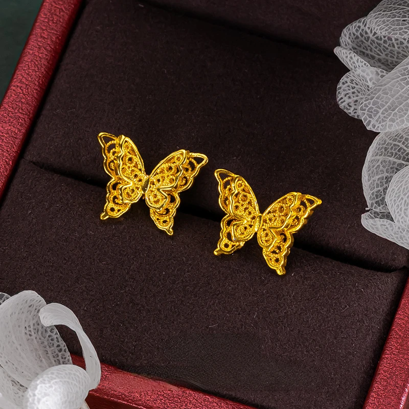 Genuine 14 K Gold Color Hollow Butterfly Shape Earring for Women Wedding Stud Earring Birthday Fine Jewelry Gifts Not Fade