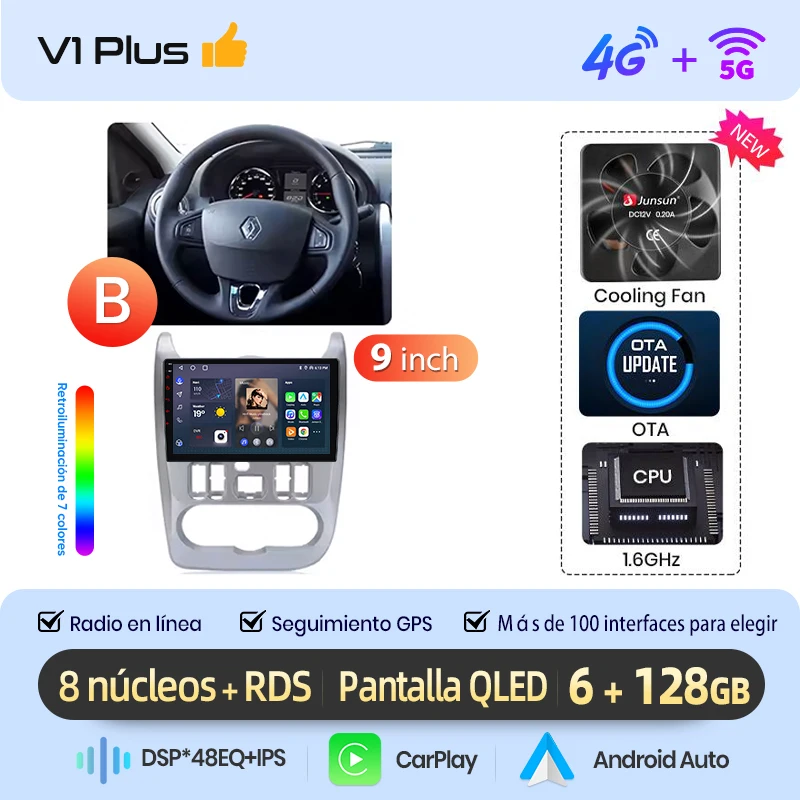 Junsun draadloze CarPlay Android Auto autoradio voor Renault Logan 1 Sandero 2009-2013 auto intelligente systemen BT FM Spaans lokaal