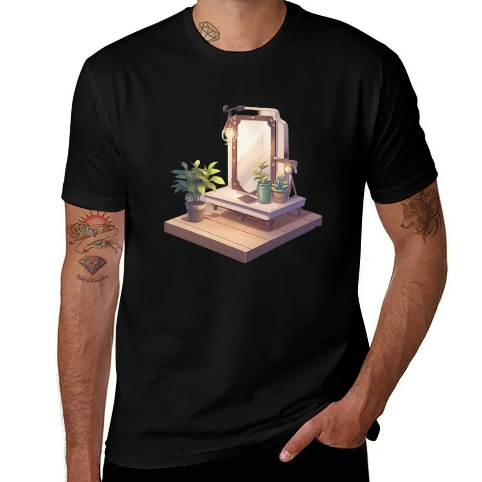 

Isometric miniature room, soft lighting, cozy aesthetic — includes fairy lights, mirror, and plants, pastel color palett T-Shirt