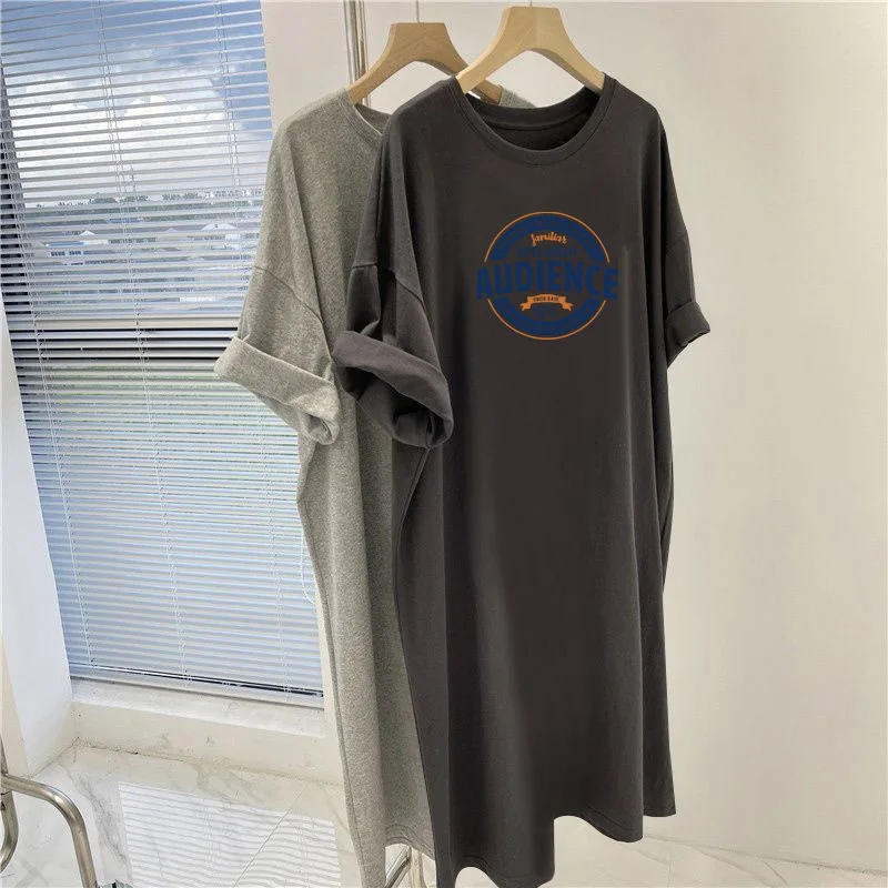 Women Clothing Letter Printed Overknee Tunic, Summer Vintage Y2k Basic Pullovers Dresses, Casual Loose Short Sleeve Dress