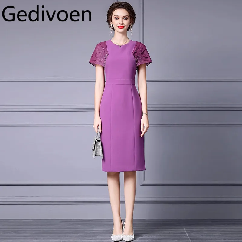 

Gedivoen Summer Fashion Runway Designer Dresses Women's Vintage Nail Bead Net Yarn Tunics Buttock Covering Medium Length Dresses