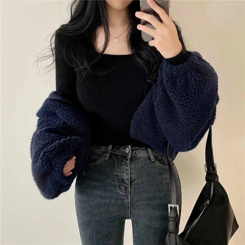 Koreanischer Stil Stehkragen-Hoodie mit Reißverschluss Übergroßer Damen-Hoodie für Herbst/Winter Lammwolle Langarm-Freizeitoberteil Y2K Streetwear-Stil – Detail 16