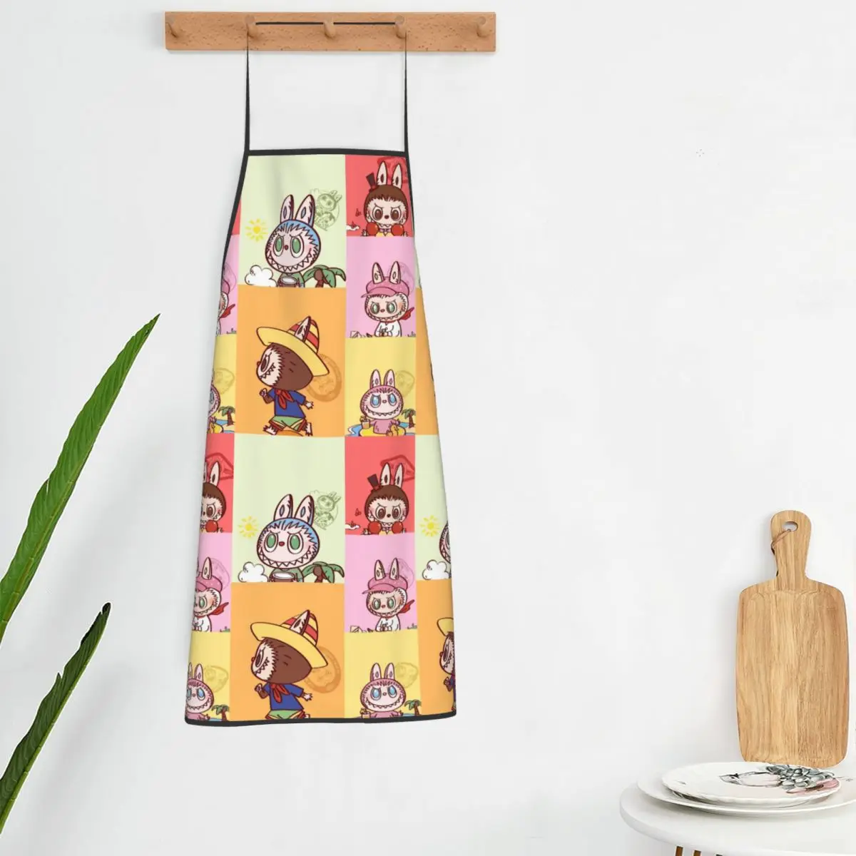 Custom L-Labubues Kawaii Cartoon Pattern Apron for Women Men Unisex Bib Kitchen Cooking Tablier Cuisine Chef Gardening