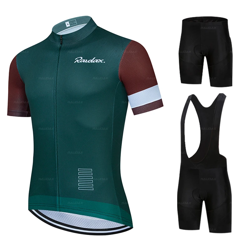 

2024 RAUDAX-Bicycle Breathable Cycling Set for Men, Dark Green, Short Sleeve Set, Sweat-wicking, Quick Drying, Elastic, Summer