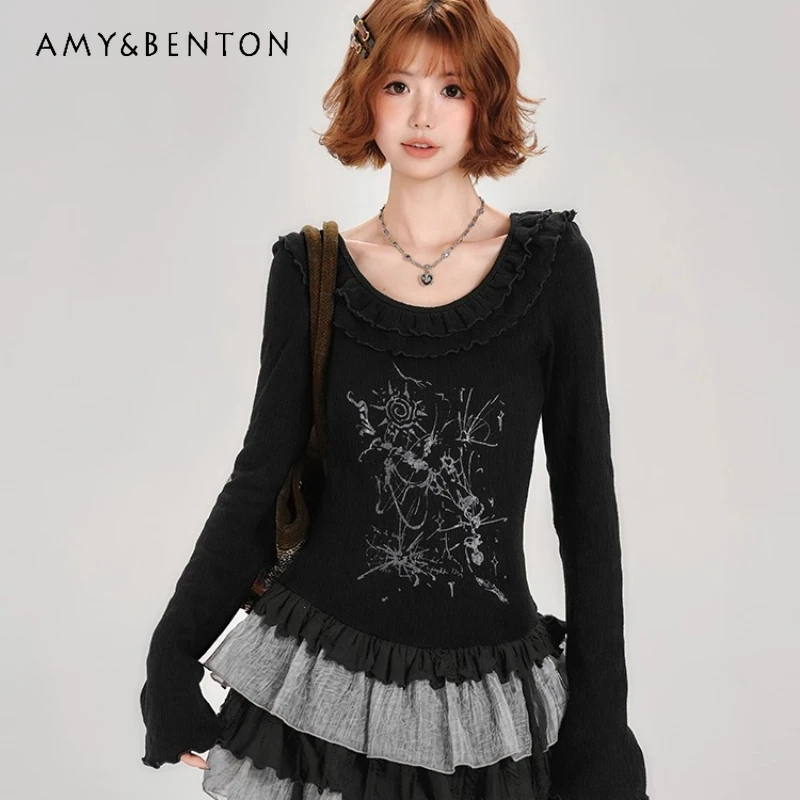 

American Retro Black Hot Girl Long Sleeve Women's T-Shirt 2025 Spring Autumn New Ruffled Hem Splicing Slimming T-shirts Ladies