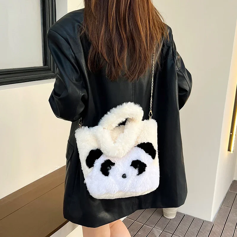 Panda Fur Women's Bag Trend Messenger Bag Y2K Eco Bag Korean Plush Satchel Soft Furry Shoulder Cross Bag Chains Fluffy Handbags