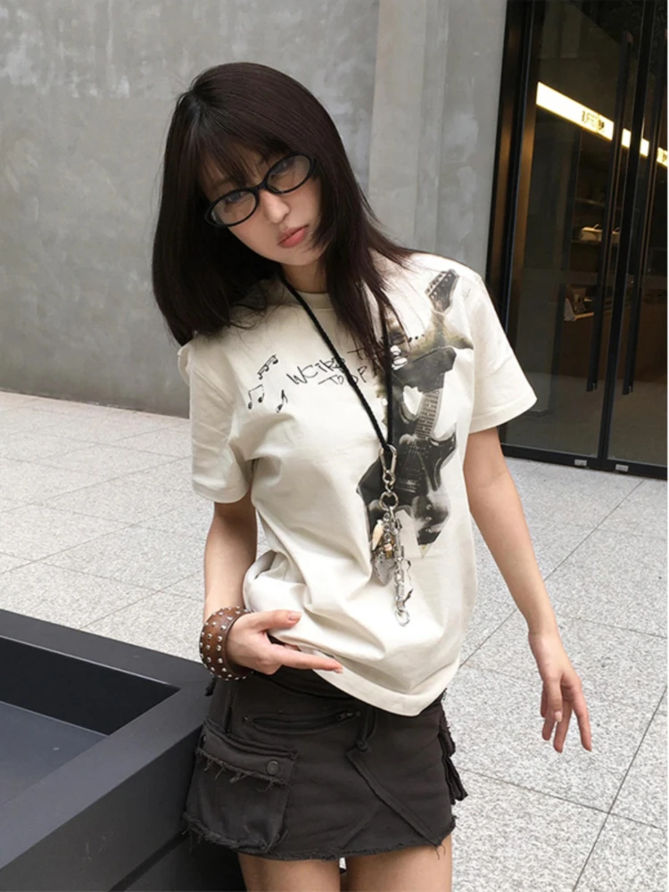 2024 Summer Harajuku Vintage Letter Print T-shirts Streetwear White Y2k Aesthetic Slim Tshirts Women Grunge Bottoming Simple Top