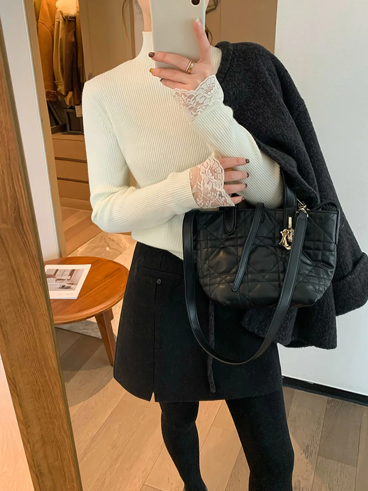 

Love Devil Fi Bla Lace Splice вязаный топ женский зимний новый Sle Base irt Long Sve трикотаж с высоким воротником стандартного кроя