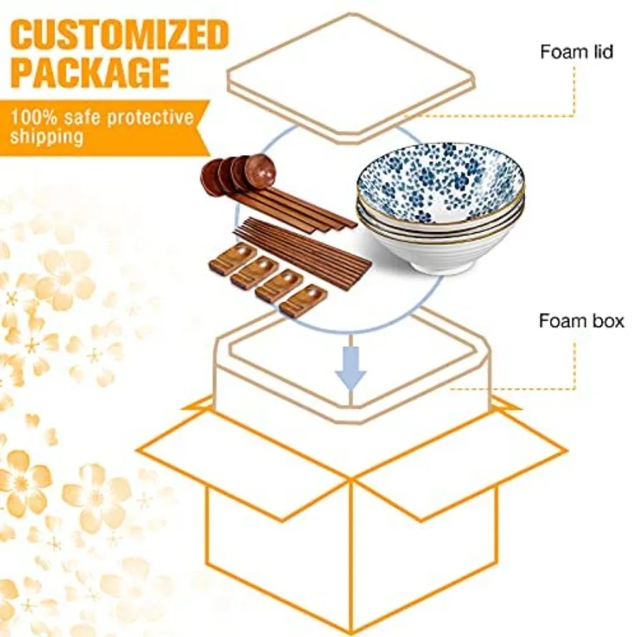 40oz Ceramic Japanese Ramen Bowls Set of 4, 8 Inch Deep Asian Pho Udon Soup Noodle Bowls with Chopsticks, Spoons and Chopstick