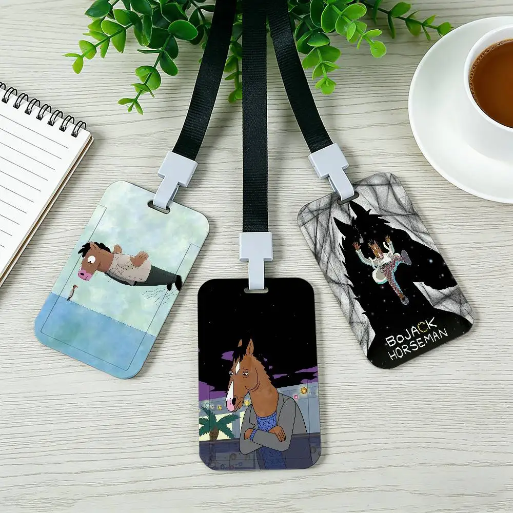 Cartoon B-BoJack Horseman Pocket Credit ID Card Badge Tag Bus Card Holder Pass Case With Neck Strap Lanyard
