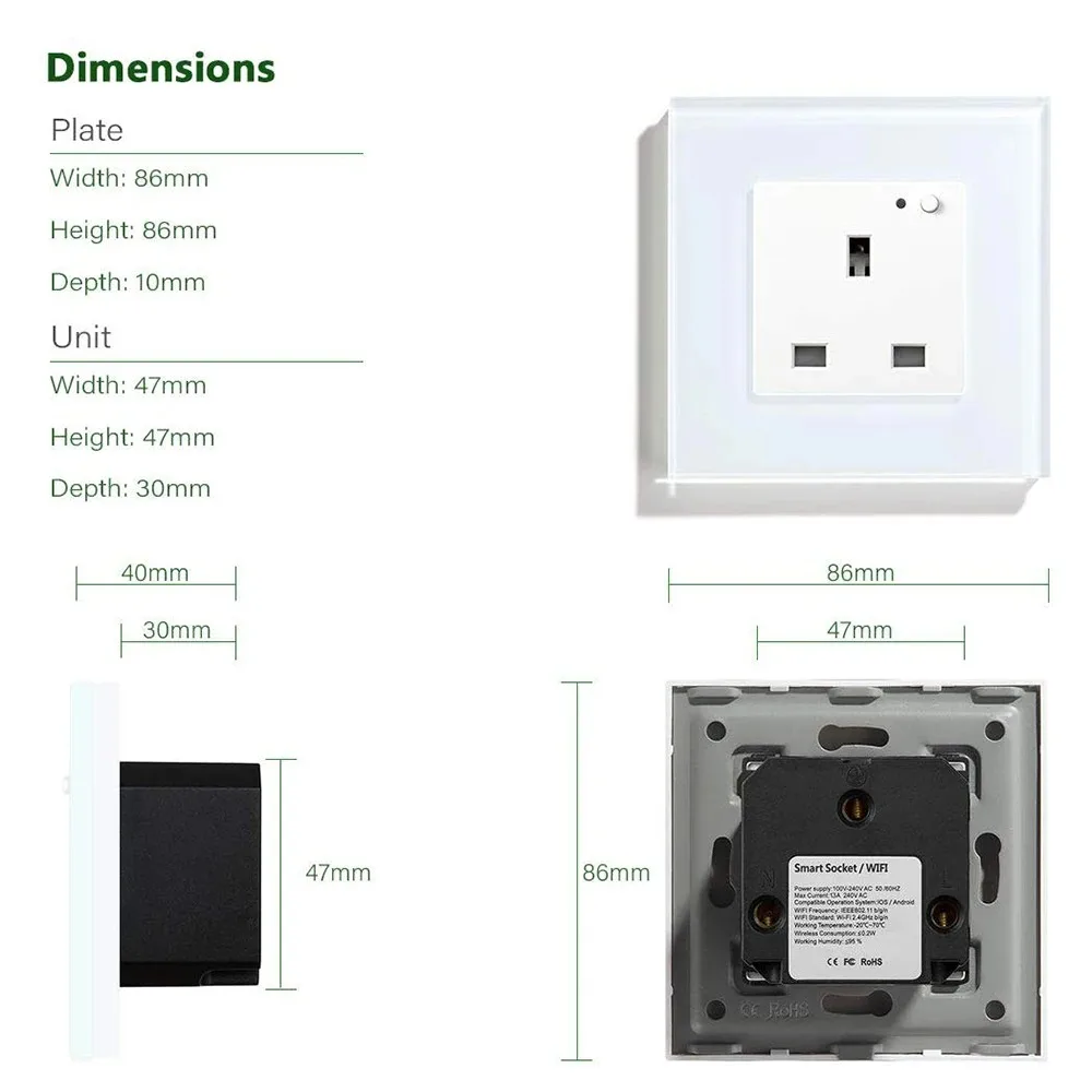 WiFi Smart Wall Sockets UK Electric Plug Mounted Outlets 13A App Remote Voice Control Timer by Tuya Smartlife Alexa Google Home