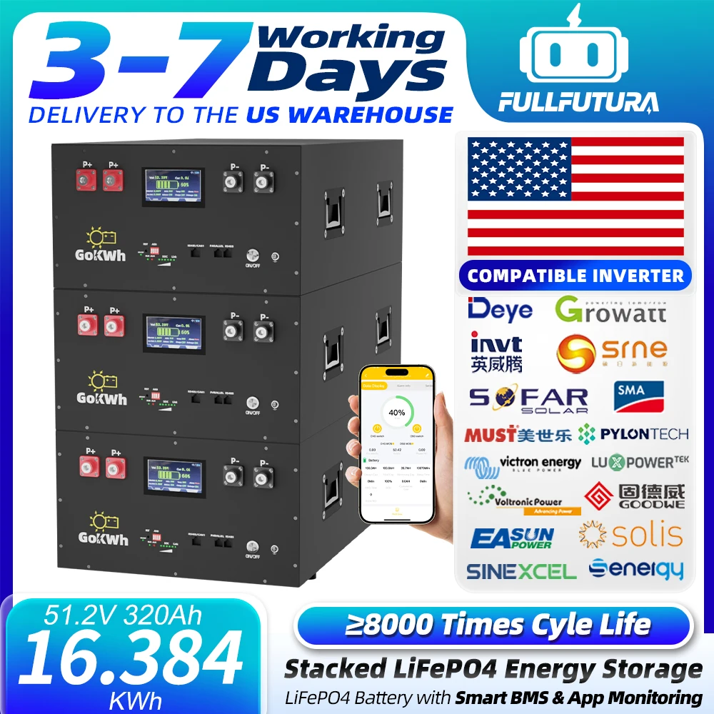 Lifepo4 48V 320Ah Battery 16KWH Built-in 16S 200A BMS 2A Active Balancing Grade A Prismatic Rechargeable LFP Cells 8000 Cycle APP Mornitoring With Touch LCD Screen Max.16 Unit In Parallel For Home Energy Storage Solar Energy Storage US Local Fast Delivery
