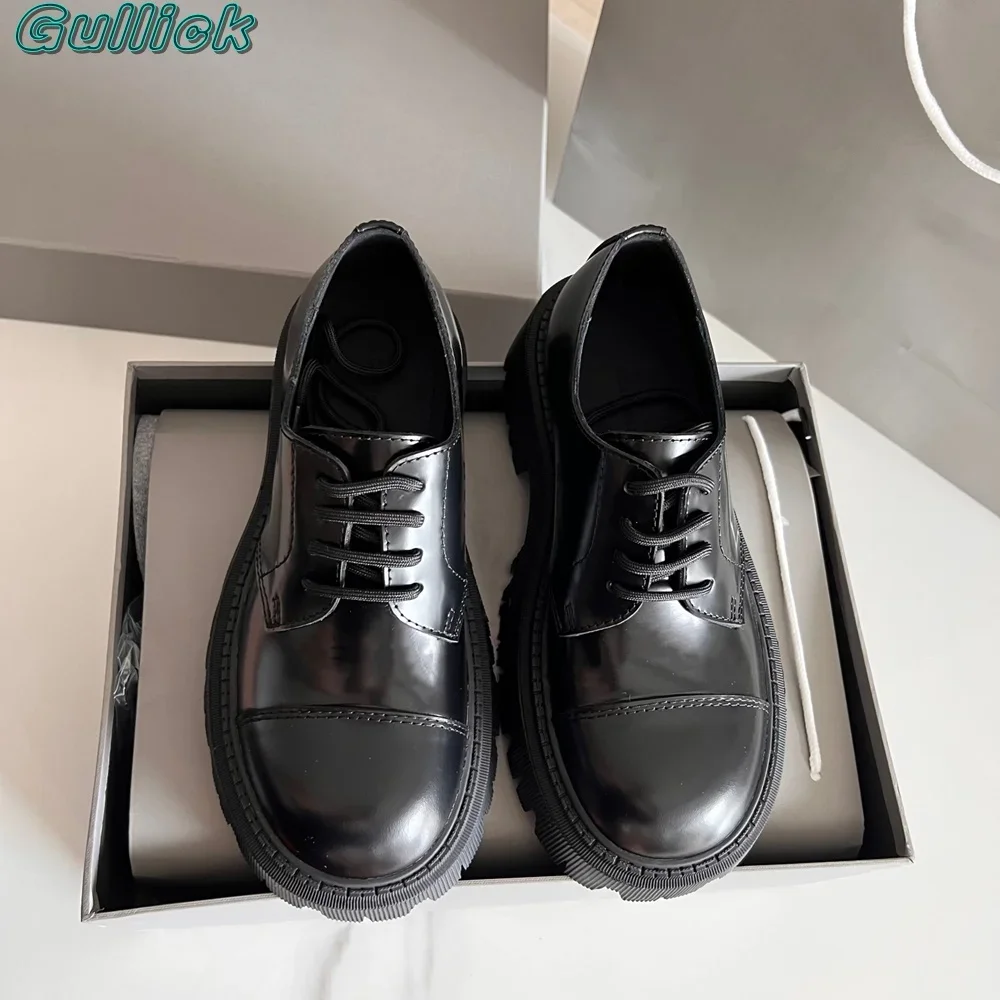

Fashion Black Boots Lace Up Round Toe Shoes Cover Heel Height Increasing Spring Autumn Slip On 2024 New Arrivals Office Lady