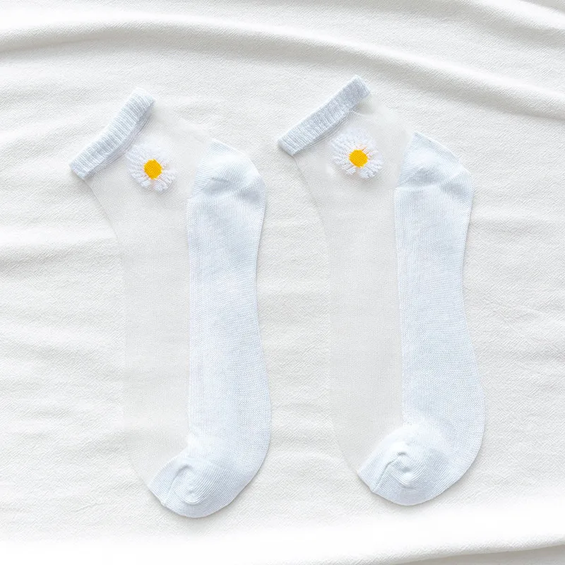 10 Paar Frauen weiße Gänseblümchen Blume kurze Socken Set Mode Sommer dünne atmungsaktive Bonbon farbe transparente Kristall Seide Söckchen – Detail 12