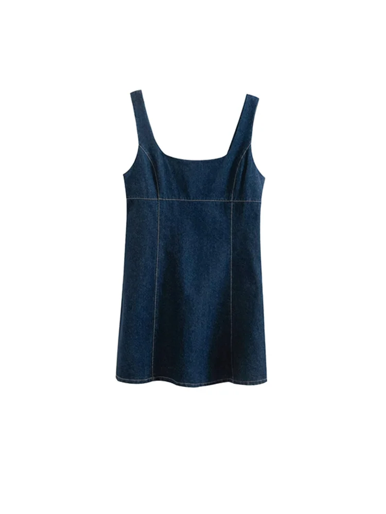 

TRZA Women Fashion Denim Mini Dress Square Collar Wide Straps Female Dresses Vestidos Mujer